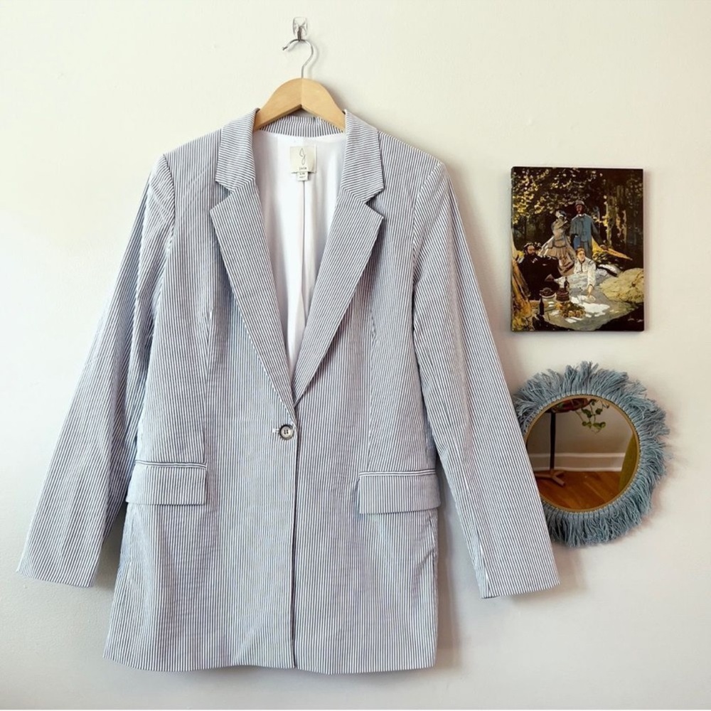Joie navy white striped seersucker one button blazer structured